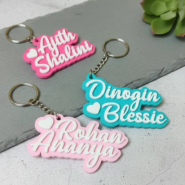 Couple Name Keychain with Heart Icon – Pastel Base & White Script